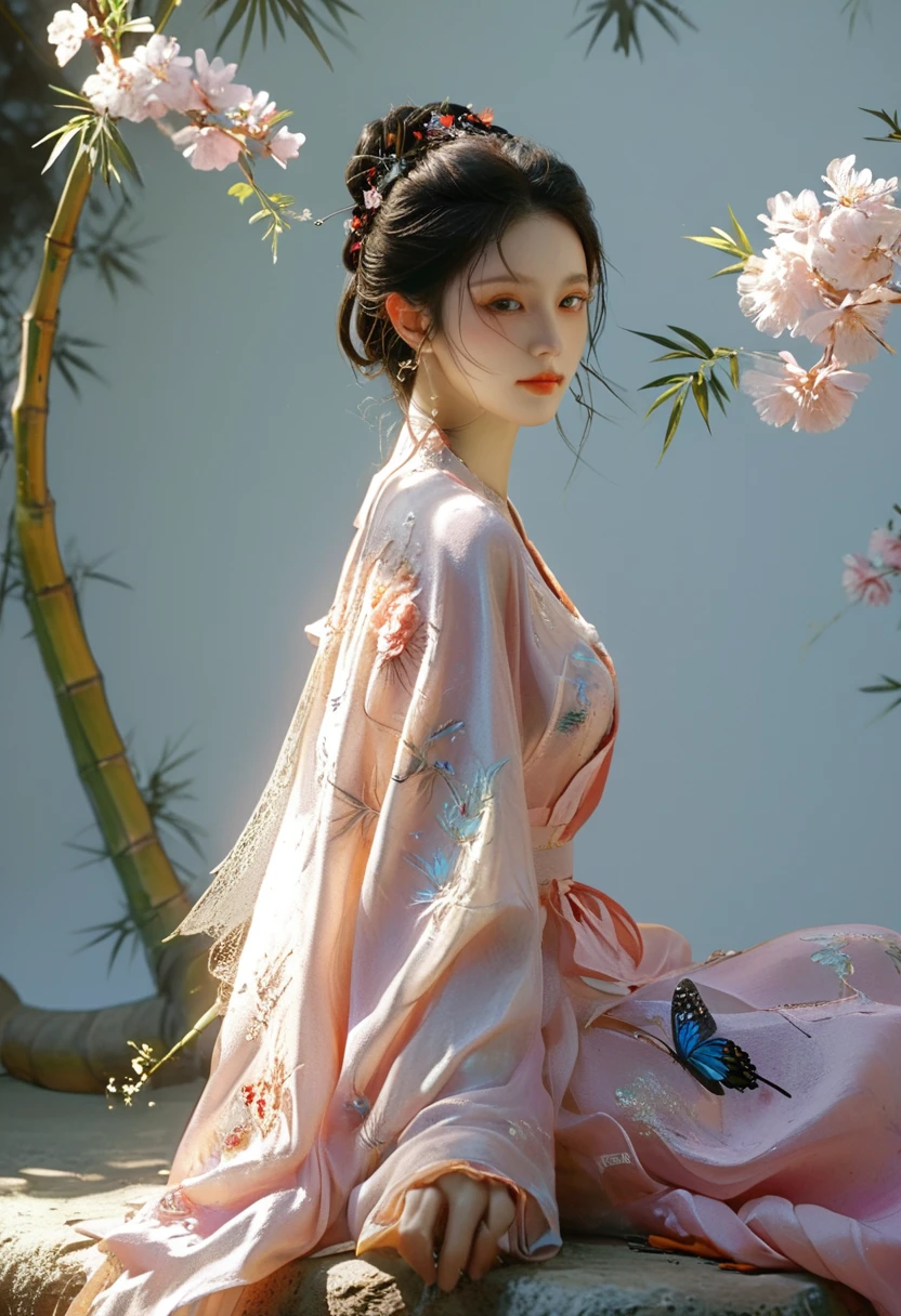 realistic, photorealistic, best quality, masterpiece, ultra high res, finely detailed, quality, realistic lighting, detailed skin, intricate details, raw photo, absurdres, highres, ultra detailed, BREAK, 1girl, solo, looking at viewer, 18 years old, hand of Guido Daniele, (jewelry, black hair, full body, hanfu, white background, sitting on stone, flower, bamboo, (cat:1.3), Exquisite floral, hair ornament, tree, butterfly, hair flower, table, vase, high contrast colours, vibrant colors, smug expression, grin, Dynamic Pose, Dynamic Angle, colorful, long eyelashes, complex background, full-face blush, parted lips, solo focus, blush), (beautifu and aesthetic face, detailed face, clean facial features, an extremely delicate and beautiful, beautiful detailed eyes, stars in the eyes, Pink lips, Glowing Eyes, perfect face, detailed pupils, Makeup:1.1), (nice hands, sexy, slim, large breasts, skinny, narrow waist, human anatomy:1.1), (detailed light, beautiful detailed glow, detailed background:1.1), (reflection, refraction, Rembrandt lighting, diffuse lighting, radiosity, photon mapping, subsurface scattering, dynamic lighting, Multi-exposure HDR capture, Screen Space Global Illumination, Ray Tracing, Lumen Reflections, Tone Mapping, volumetric lighting, Circular polarizer, broad lighting, dramatic lighting:1.1), BREAK, explosive light and shadow, sharp focus, film grain, rim lighting, two tone lighting, rim light, Overdetailed art, official art, beautiful and aesthetic, beautiful, elegant, vivid colours, warm tone, soft light, delicate, Ultrarealistic, Detailed illustration, extremely detailed CG Unity 8k wallpaper, PBR Texturing, huge filesize, 8k uhd, octane render, unreal engine 5, BREAK,