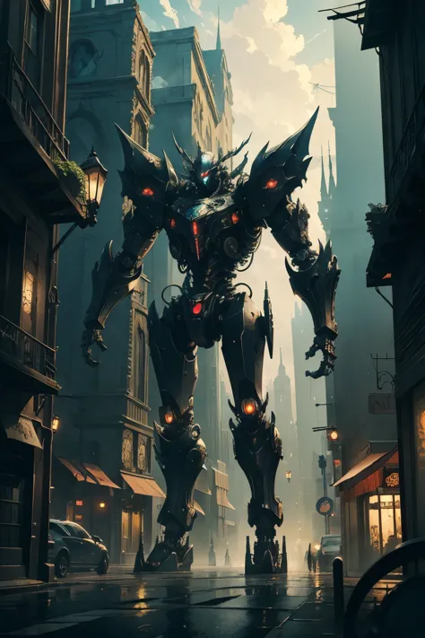 ((best quality)), ((masterpiece)), (detailed),  anime in a high-quality anime art style, gothic robot monster, gothic city, scared scene, Mechanical Creature/#Daily-Challenge