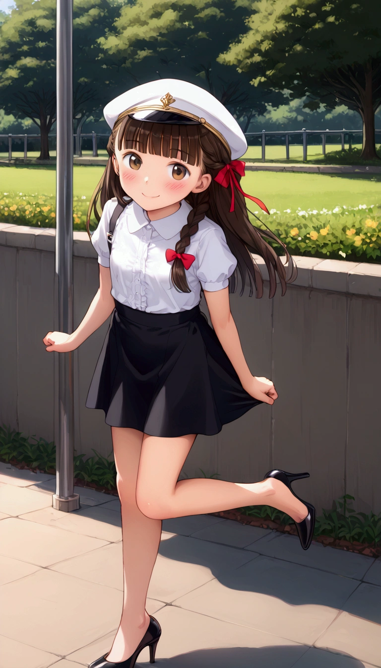 {Highest quality}, {Super beautiful},{Ultra fine},{Best illustration},Brown Hair,Hime cut,long hair,Braid,One woman,Standing Woman,Strike a pose,smile,smilingly,Uniform cap,White Shirt,Short sleeve,Long black skirt,at the park,Blushing,Slender,Black stiletto heels,barefoot,Stand with your legs together,from the front,Bend one leg
