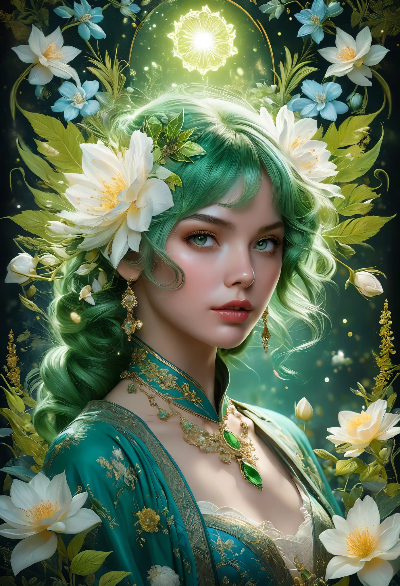 (masterpiece, Highest quality, Highest quality, Official Art, beautifully、aesthetic:1.2), (One girl:1.3), (Fractal Art:1.3), card, Tarot, Green Hair, Twin Blade, Hair Flower, (Good lighting:1.1), ((High resolution)), Tarot card style