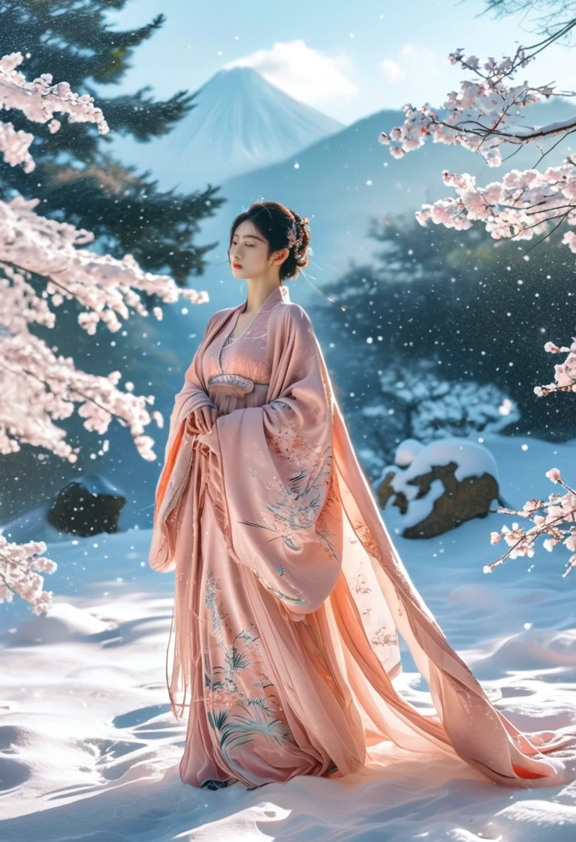 a woman in a pink kimono standing in the snow, a picture, inspired by Ma Yuanyu, tumblr, background image, wearing long gown, 720p, photoshoot, cutecore, covered with blanket