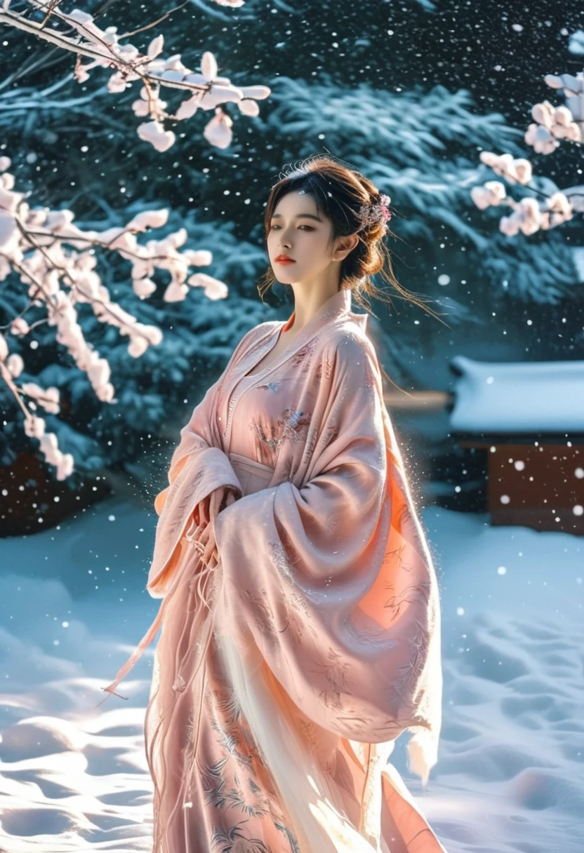 a woman in a pink kimono standing in the snow, a picture, inspired by Ma Yuanyu, tumblr, background image, wearing long gown, 720p, photoshoot, cutecore, covered with blanket