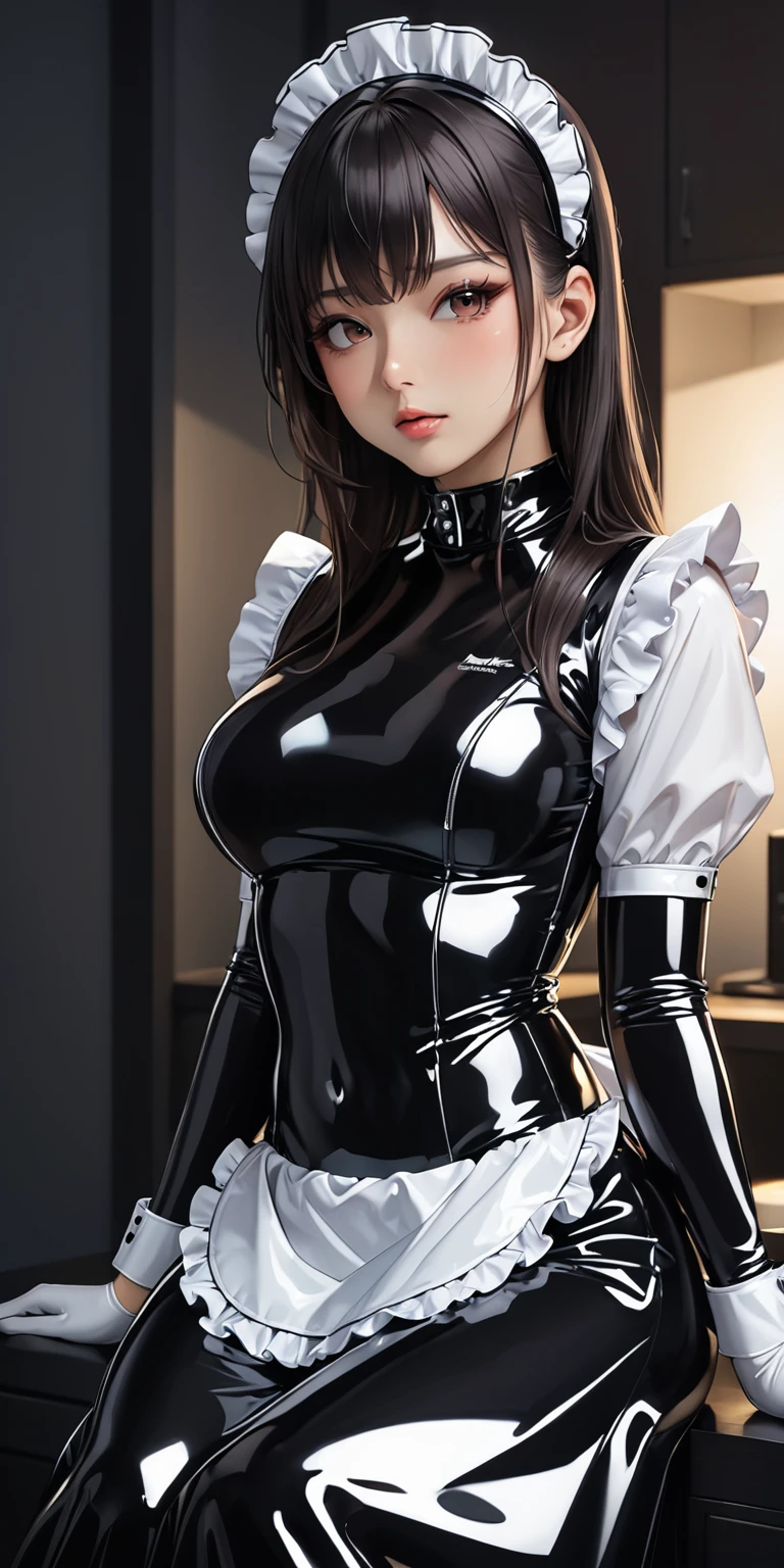 Portraiture、(masterpiece,Highest quality,Ultra-high resolution),Japanese women, (((Very beautiful 25 year old girl))),(Latex Maid Clothing)、((Latex Long Skirt))、(A long-sleeved latex shirt that covers the upper body)、Latex gloves、Latex socks、Latex bodysuit、Frills、The clothes fit snugly to the body、Latex is very shiny、Dark Room、