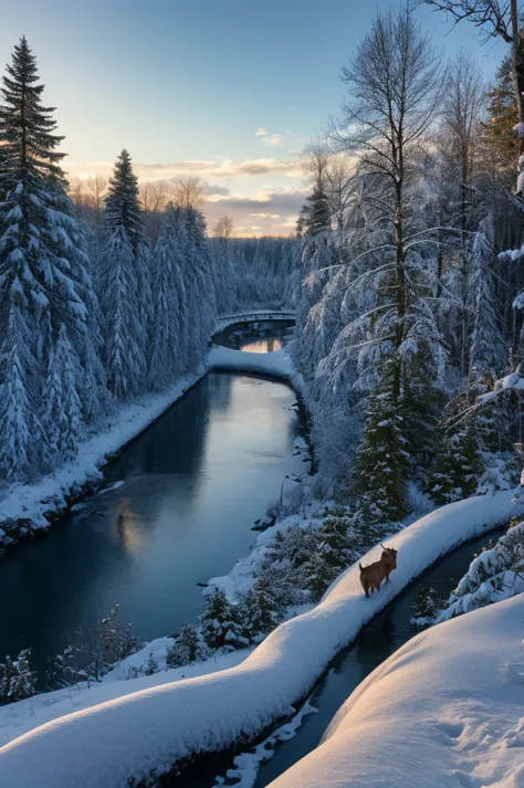 nordic countries、snow scene、river flowing through the forest、cottage on the shore、two wild deer and their baby strolling、, surre...