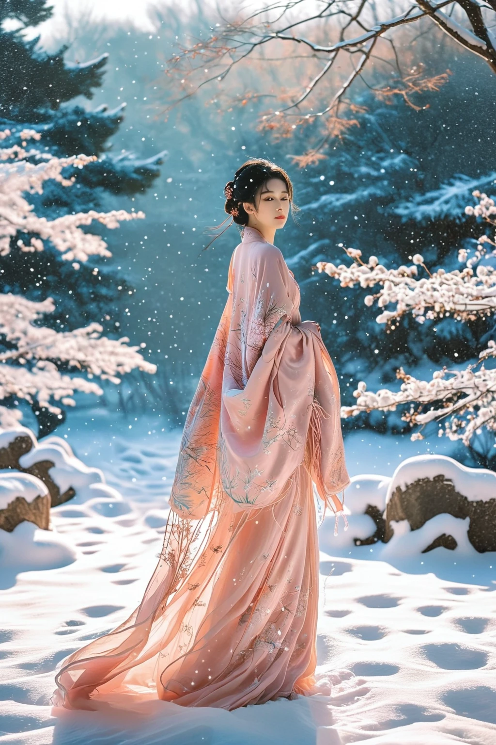 a woman in a pink kimono standing in the snow, a picture, inspired by Ma Yuanyu, tumblr, background image, wearing long gown, 720p, photoshoot, cutecore, covered with blanket