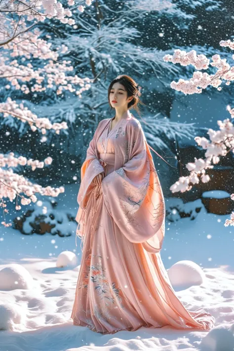 a woman in a pink kimono standing in the snow, a picture, inspired by ma yuanyu, tumblr, background image, wearing long gown, 72...