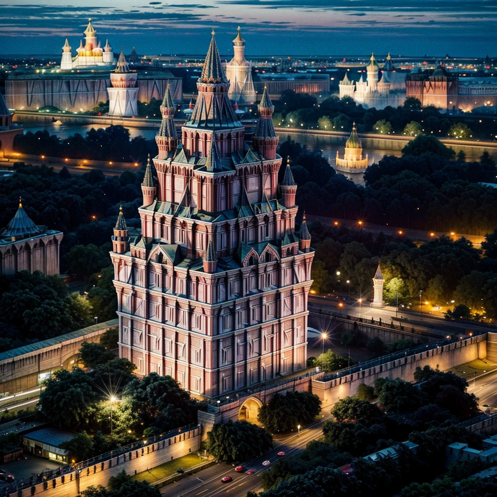 blue sky, evening light, (Aerial View of Kremlin complex of buildings:1.6), ((Beautiful woman is Floating in the Air)), Delicate white BodySuit, (Detailed beautiful face), wide angle lens f/2.8, ultra insane high resolution intricate textures, texture indentation, perfect perspective, Geometric, in another dimension worlds, fire all around, energy fields, ((luminism)), ultra detailed busy background, tessellation, maximalism, IPA Award wining masterpiece