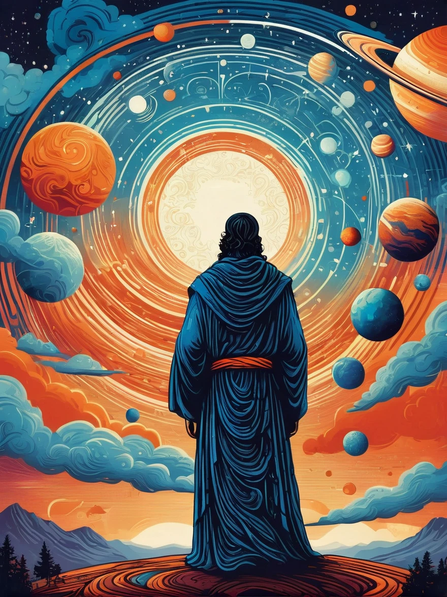 Create a woodcut style image digital art surreal art that depicts a mystical figure with divine characteristics, the figure is one chosen by the gods of spirituality,the figure is shrouded in clouds looking at the planets and ancestral signs,figure has a crowd of people around him who look at him with surprise and admiration,quantum art spread across the image,Use a vibrant color palette, including blue, oranges and whites, to create heavenly contrast and a stunning visual effect