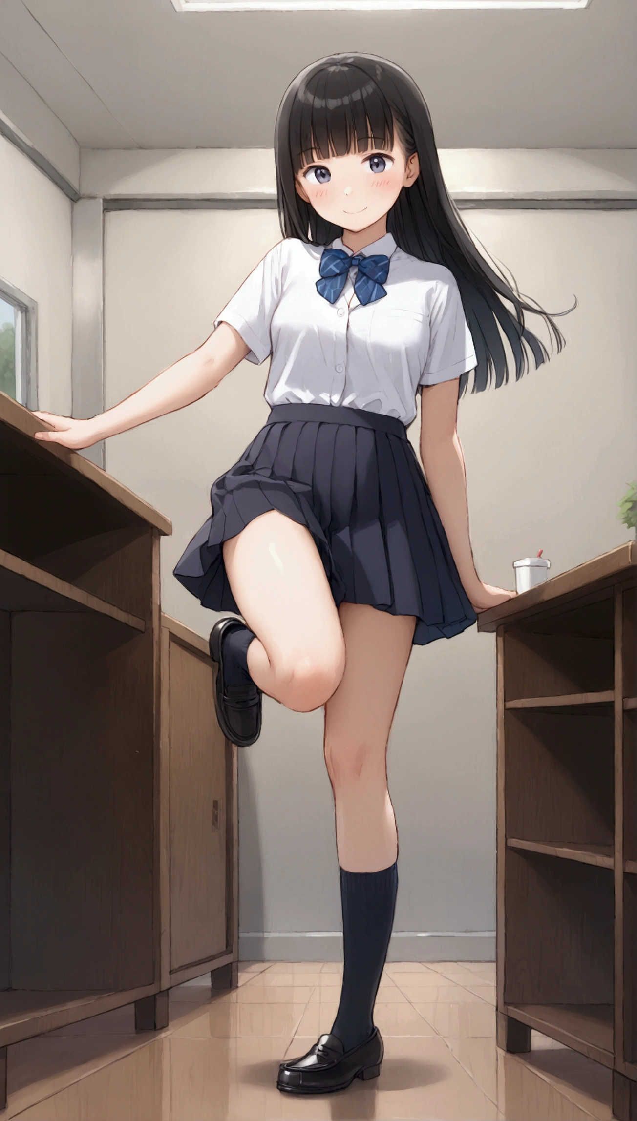 {Highest quality}, {Super beautiful},{Ultra fine},{Best illustration},Black Hair,Hime cut,long hair,One woman,Standing Woman,Strike a pose,smile,smilingly,cardigan,White Shirt,Short sleeve,Navy Skirt,Black knee-high socks,Black Loafers,Inside the school building,Blushing,Slender,barefoot,Stand with your legs together,from the front,Bend one leg