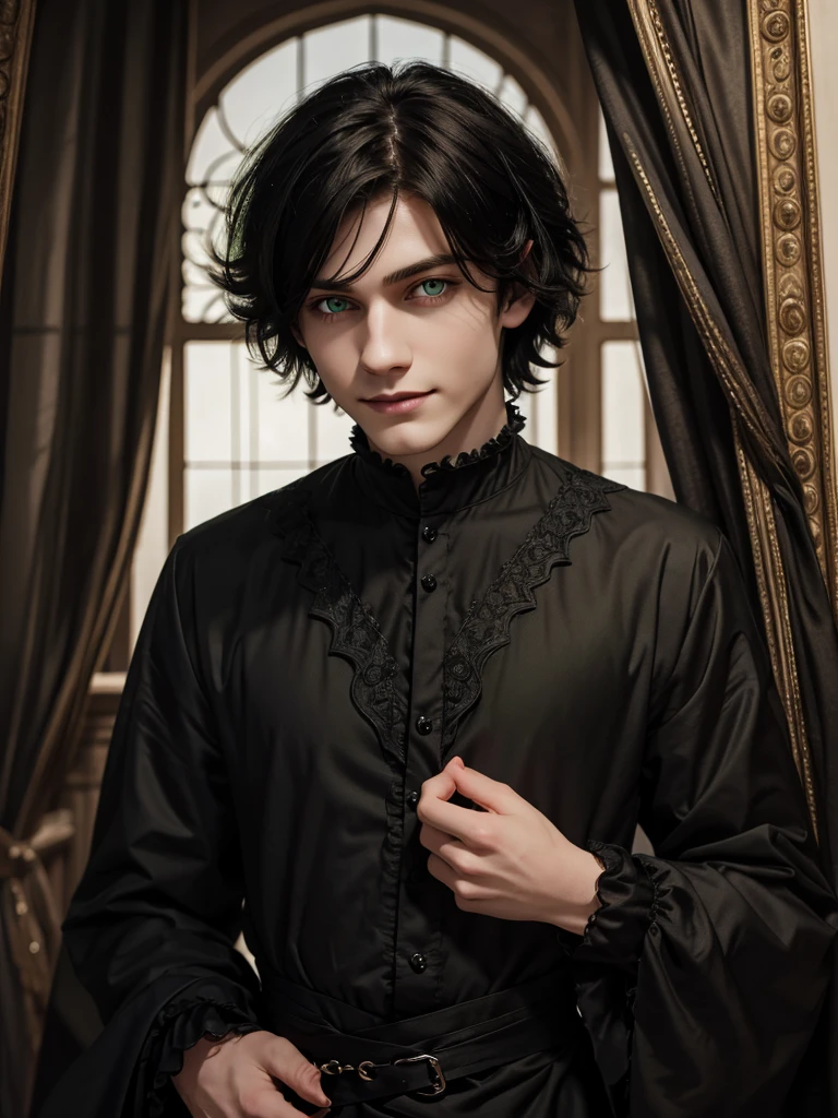 (best quality), 1boy, male, pale skin, black hair, medium hair, curtain hair, tousled hair, green eyes, perfect eyes, dark circles under eyes, light smile, (gothic clothes), masterpiece, anatomically correct, highres
