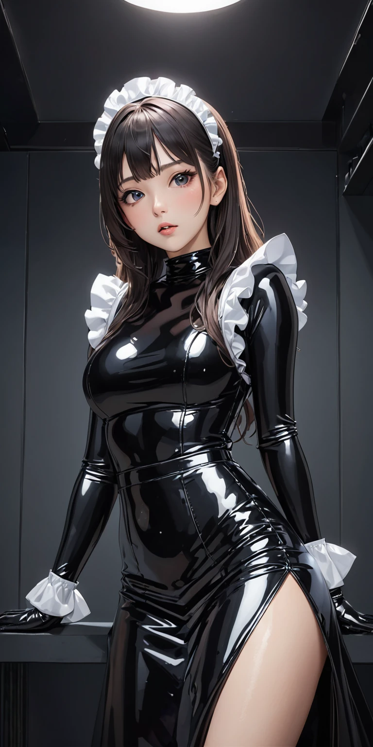 Portraiture、(masterpiece,Highest quality,Ultra-high resolution),Japanese women,Staring straight at me、 (((Very beautiful 25 year old girl))),(Latex Maid Clothing)、((Latex Long Skirt))、(A long-sleeved latex shirt that covers the upper body)、Latex gloves、Latex socks、Latex bodysuit、Frills、The clothes fit snugly to the body、Latex is very shiny、Dark Room、Composition looking up from a little below.