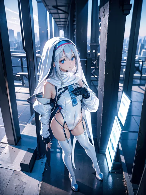 best quality. 4k. 8k. a cute girl. Silver hair. Long hair. nun. magical girl. (white clothes). (white leotard). cyberpunk. urban...