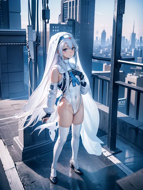 best quality. 4k. 8k. a cute girl. silver hair. long hair. nun. magical girl. (white clothes). (white leotard). cyberpunk. urban...