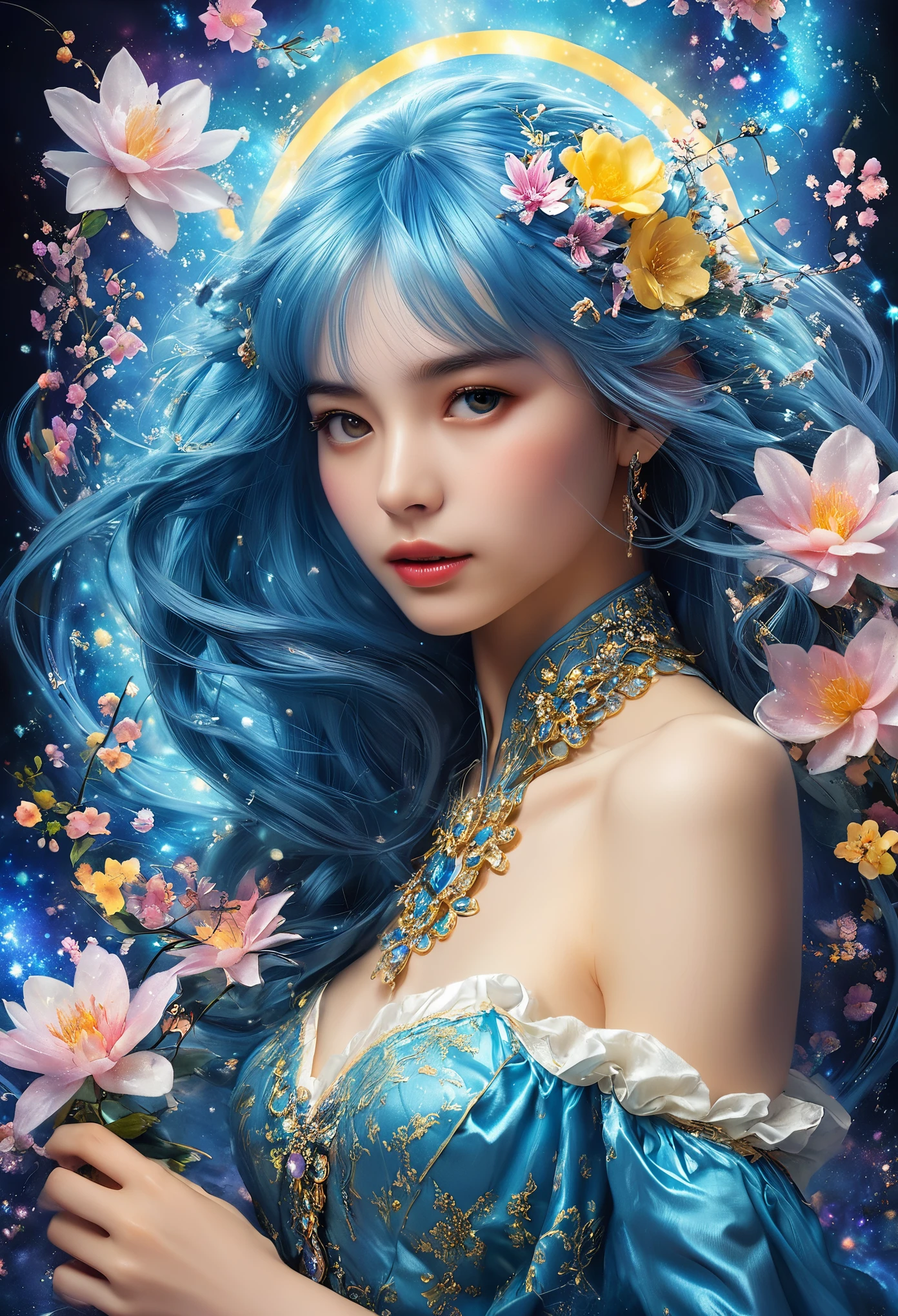 (masterpiece, Highest quality, Highest quality, Official Art, beautifully、aesthetic:1.2), (One girl:1.3), (Fractal Art:1.3), card, Tarot, blue Hair, Twin Blade, Hair Flower, (Good lighting:1.1), ((High resolution)), Tarot card style