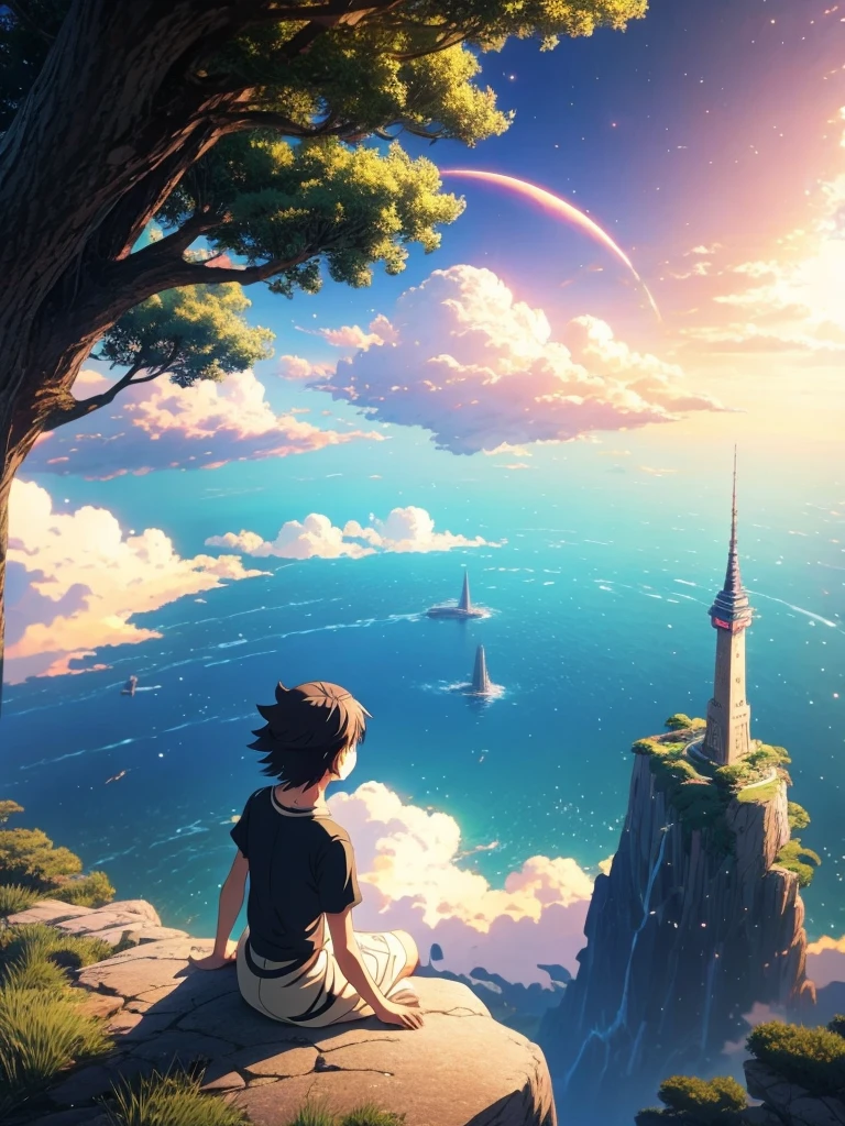 Anime girl sitting on a rock looking at the sky,A tower piercing the sky in the distance, makoto shinkai cyril rolando, anime art wallpaper 4k, anime art wallpaper 4k, Cyril Rolland and Goro Fujita, Anime Art Wallpapers 8K, 4k anime wallpaper, anime wallpaper 4k, anime wallpaper 4k, ( ( Makoto Shinkai ) ), Makoto Shinkai!