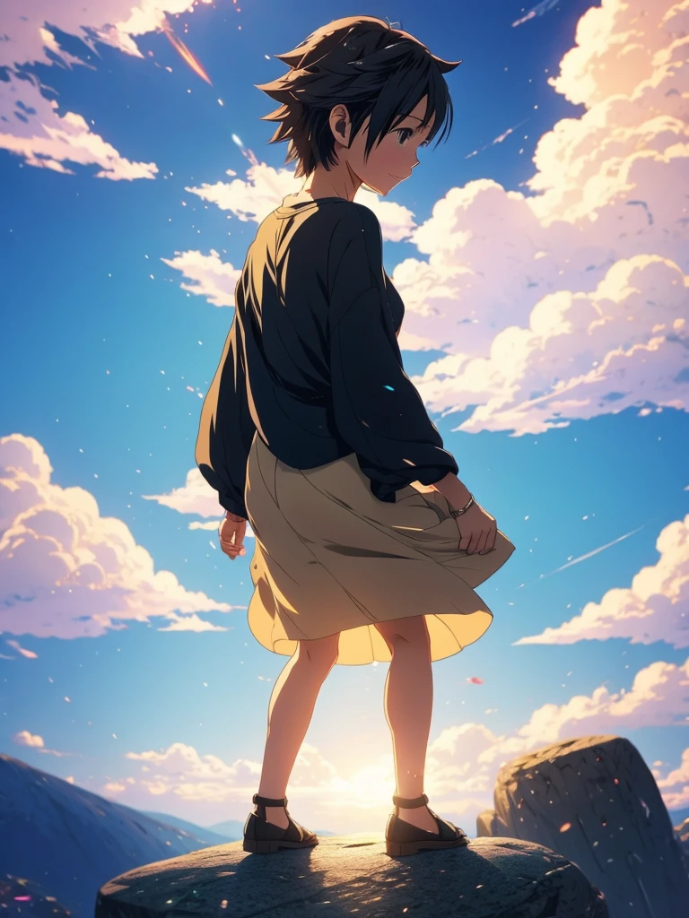 Anime girl sitting on a rock looking at the sky,A tower piercing the sky in the distance, makoto shinkai cyril rolando, anime art wallpaper 4k, anime art wallpaper 4k, Cyril Rolland and Goro Fujita, Anime Art Wallpapers 8K, 4k anime wallpaper, anime wallpaper 4k, anime wallpaper 4k, ( ( Makoto Shinkai ) ), Makoto Shinkai!