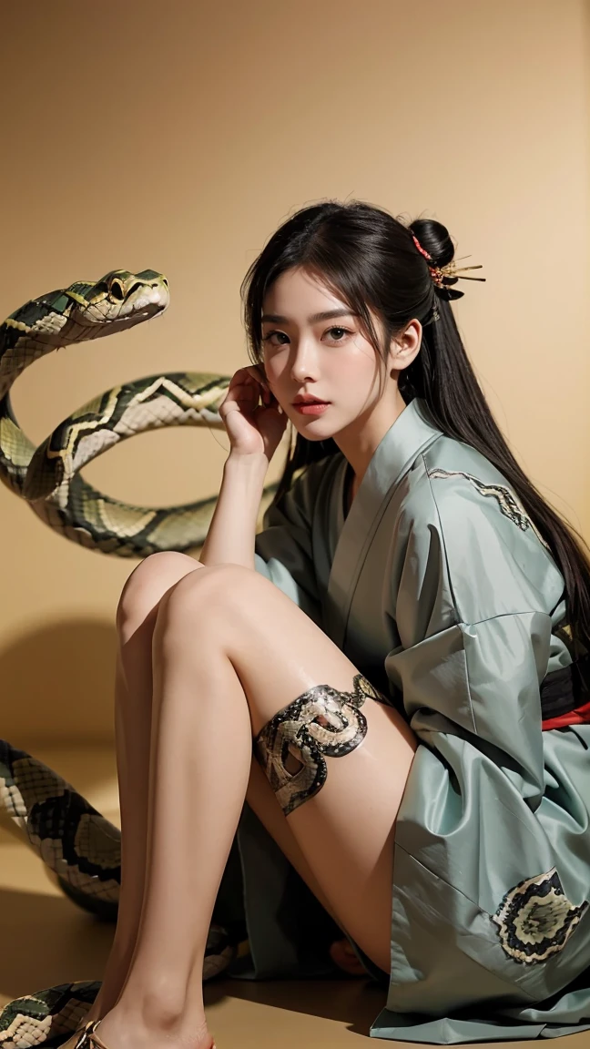 (masterpiece), best quality, Expressive eyes, Perfect face, HD, Benissato, Meinoichi, Snake tattoo, She is a tall and mature woman.，fit，Curved，Long legs，Long arms, Even though she is a ninja herself, Benissato has the appearance of a beautiful and seductive geisha, She has porcelain skin.，Her long black hair was tied into a bun with a hairpin and a traditional comb.。, Benissato is covered in serpent tattoos that come alive when she uses her powers and will usually appear naked during a battle to throw off her male victims, She is wearing a traditional Japanese geisha robe, whole body, Pants, Long sleeve, Vest, sandals, kimono, dividend, Snake Paranormal 