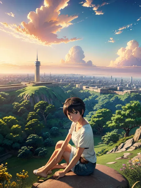 anime girl sitting on a rock looking at the sky,a tower piercing the sky in the distance, makoto shinkai cyril rolando, anime ar...