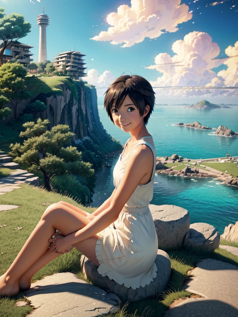 Anime girl sitting on a rock looking at the sky,A tower piercing the sky in the distance, makoto shinkai cyril rolando, anime art wallpaper 4k, anime art wallpaper 4k, Cyril Rolland and Goro Fujita, Anime Art Wallpapers 8K, 4k anime wallpaper, anime wallpaper 4k, anime wallpaper 4k, ( ( Makoto Shinkai ) ), Makoto Shinkai!