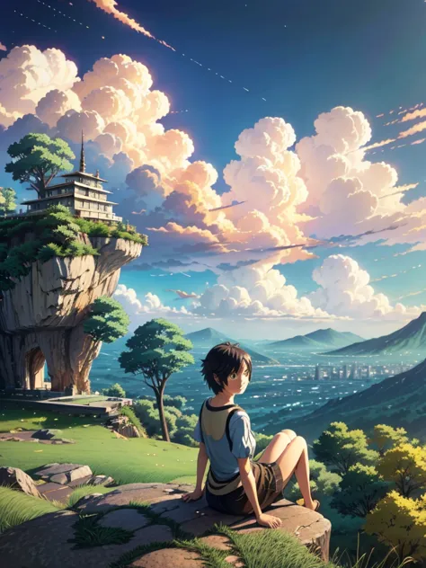 anime girl sitting on a rock looking at the sky,a tower piercing the sky in the distance, makoto shinkai cyril rolando, anime ar...