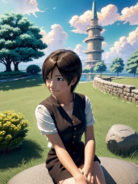 anime girl sitting on a rock looking at the sky,a tower piercing the sky in the distance, makoto shinkai cyril rolando, anime ar...