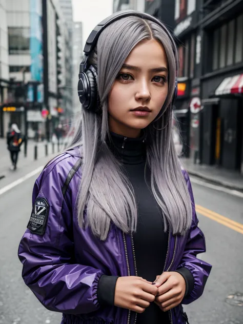 one girl, gray hair, long hair, techwear masterpiece, highest quality, realistic, realism, dark purple jacket, portraiture, deta...