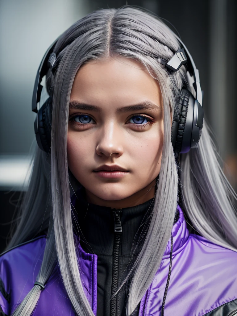 One girl, Gray Hair, Long Hair, Techwear masterpiece, Highest quality, Realistic, realism, Dark purple jacket, Portraiture, Detailed eyes, Wearing the headset, Platinum Hair, 21 year old girl, Fashion pose, Half Body, Wide shot, on the road, cyber punk