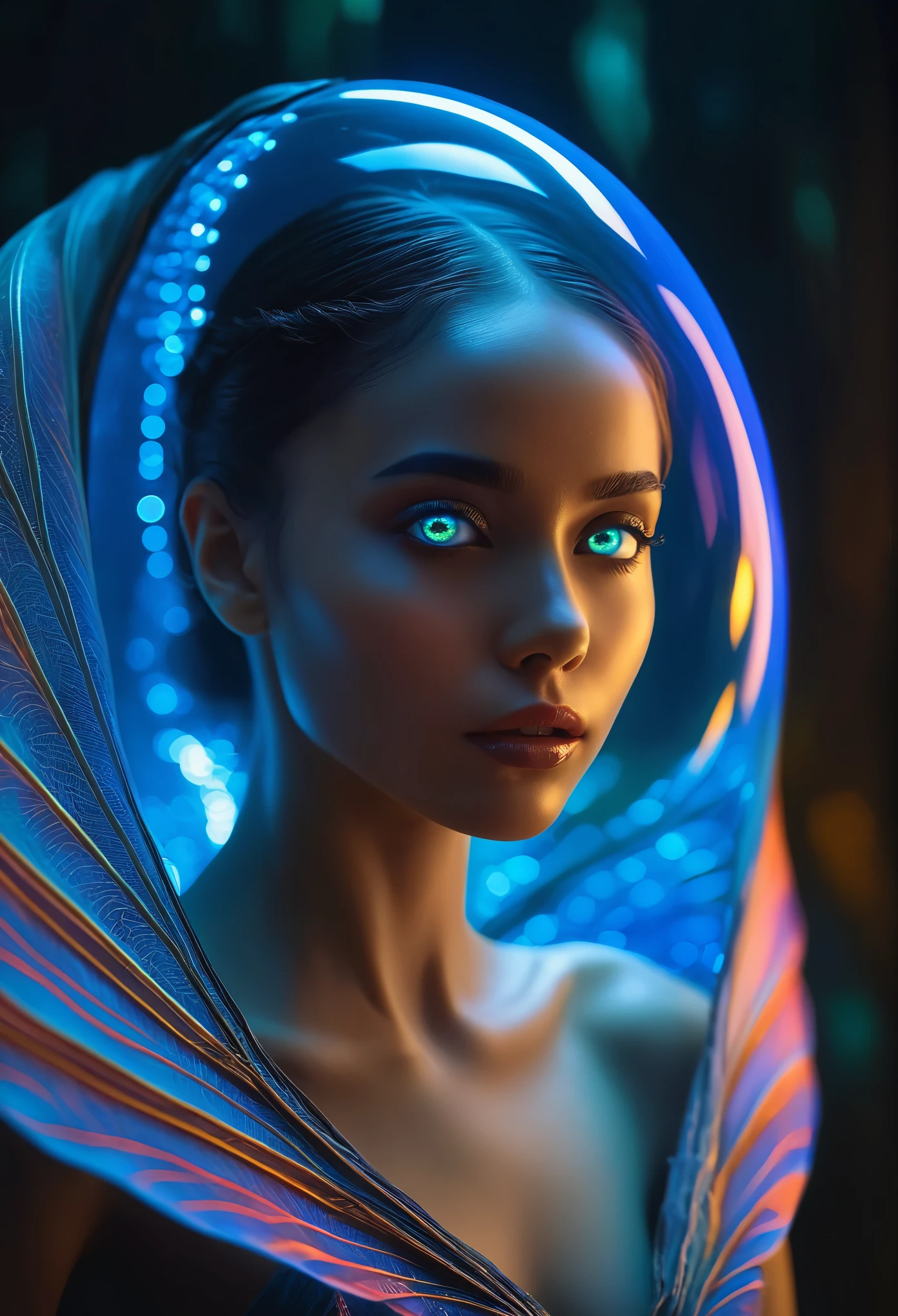 1 beautiful female alien girl emerging from a cocoon, detailed beautiful face like cute girl and body, from back, (glowing eyes, glowing skin:1.5), intricate organic details, translucent wings, symmetrical face, ethereal lighting, cinematic, vibrant colors, digital art, highly detailed, 8k, photorealistic, whole body, Floating in the air