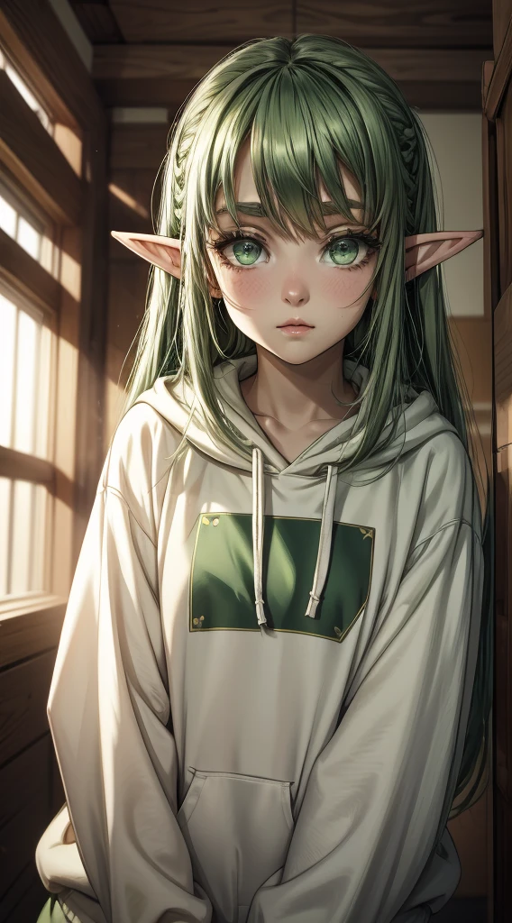 A cute 18 year old girl with fair skin, large eyelashed eyes, green eyes, long green hair, and elf ears, small plump lips, delicate and adorable appearance, wearing an oversized cropped hoodie, looking at the camera