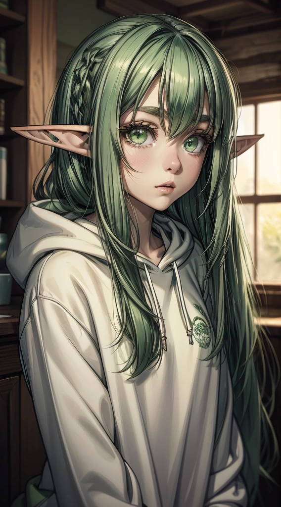 A cute 18 year old girl with fair skin, large eyelashed eyes, green eyes, long green hair, and elf ears, small plump lips, delicate and adorable appearance, wearing an oversized cropped hoodie, looking at the camera