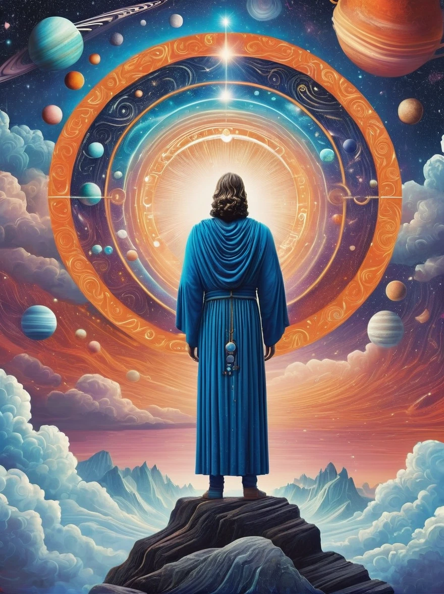 Create a woodcut style image digital art surreal art that depicts a mystical figure with divine characteristics, the figure is one chosen by the gods of spirituality,the figure is shrouded in clouds looking at the planets and ancestral signs,figure has a crowd of people around him who look at him with surprise and admiration,quantum art spread across the image,Use a vibrant color palette, including blue, oranges and whites, to create heavenly contrast and a stunning visual effect