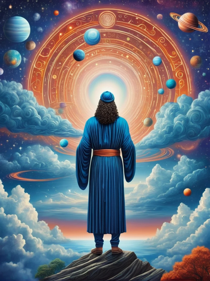 Create a woodcut style image digital art surreal art that depicts a mystical figure with divine characteristics, the figure is one chosen by the gods of spirituality,the figure is shrouded in clouds looking at the planets and ancestral signs,figure has a crowd of people around him who look at him with surprise and admiration,quantum art spread across the image,Use a vibrant color palette, including blue, oranges and whites, to create heavenly contrast and a stunning visual effect