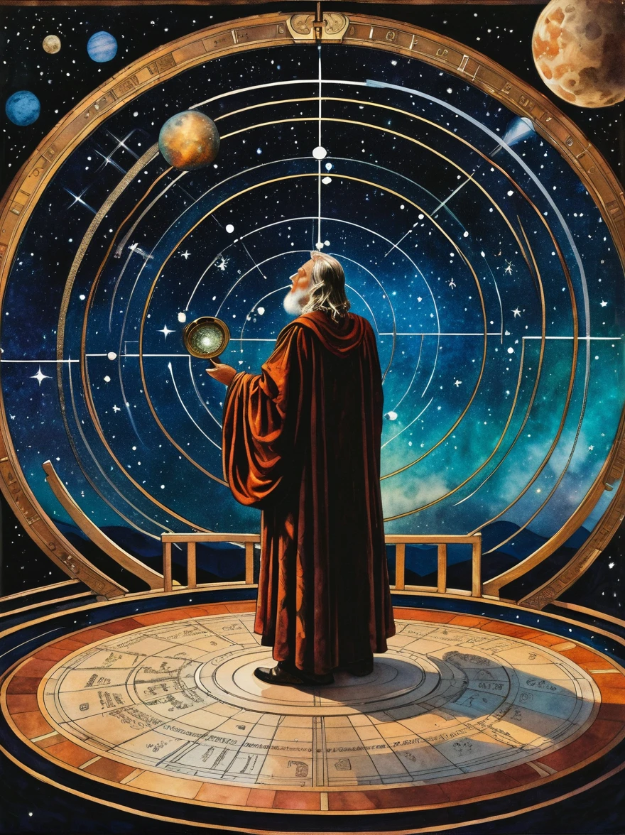 At the center of a celestial observatory, an astrologer clad in robes adorned with stars and galaxies gazes into an aetheric telescope. The observatory is suspended in space, with planets and constellations visible through its transparent walls. As the astrologer maps the heavens, streams of aetheric energy flow from the stars, connecting with the runes and symbols inscribed on the floor. The scene embodies the infinite wisdom of the cosmos. , the scene is captured in dimly lit dark fantasy but vibrant colors, with bold ink lines defining form against the watercolor wash of the aged paper