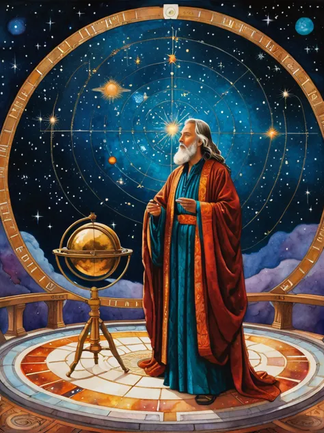 at the center of a celestial observatory, an astrologer clad in robes adorned with stars and galaxies gazes into an aetheric tel...