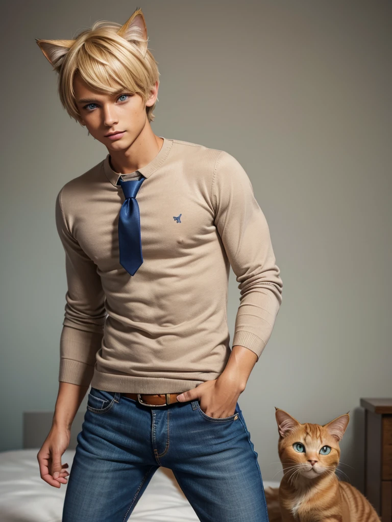 (best quality), 1boy, male, tanned skin, blonde hair, short hair, side bangs, beautiful hairstyle, blue eyes, perfect eyes, femboy, (cat ears), pullover, shirt with tie, skinny jeans, skinny body, masterpiece, anatomically correct, highres
