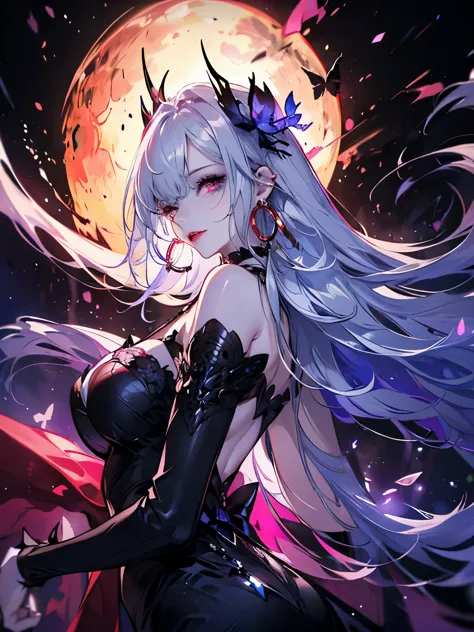 (((very detailed, 8k quality))),,hair above one eye, red eyes, clear eyes, choker,dark atmosphere,black dress,silver hair,long h...