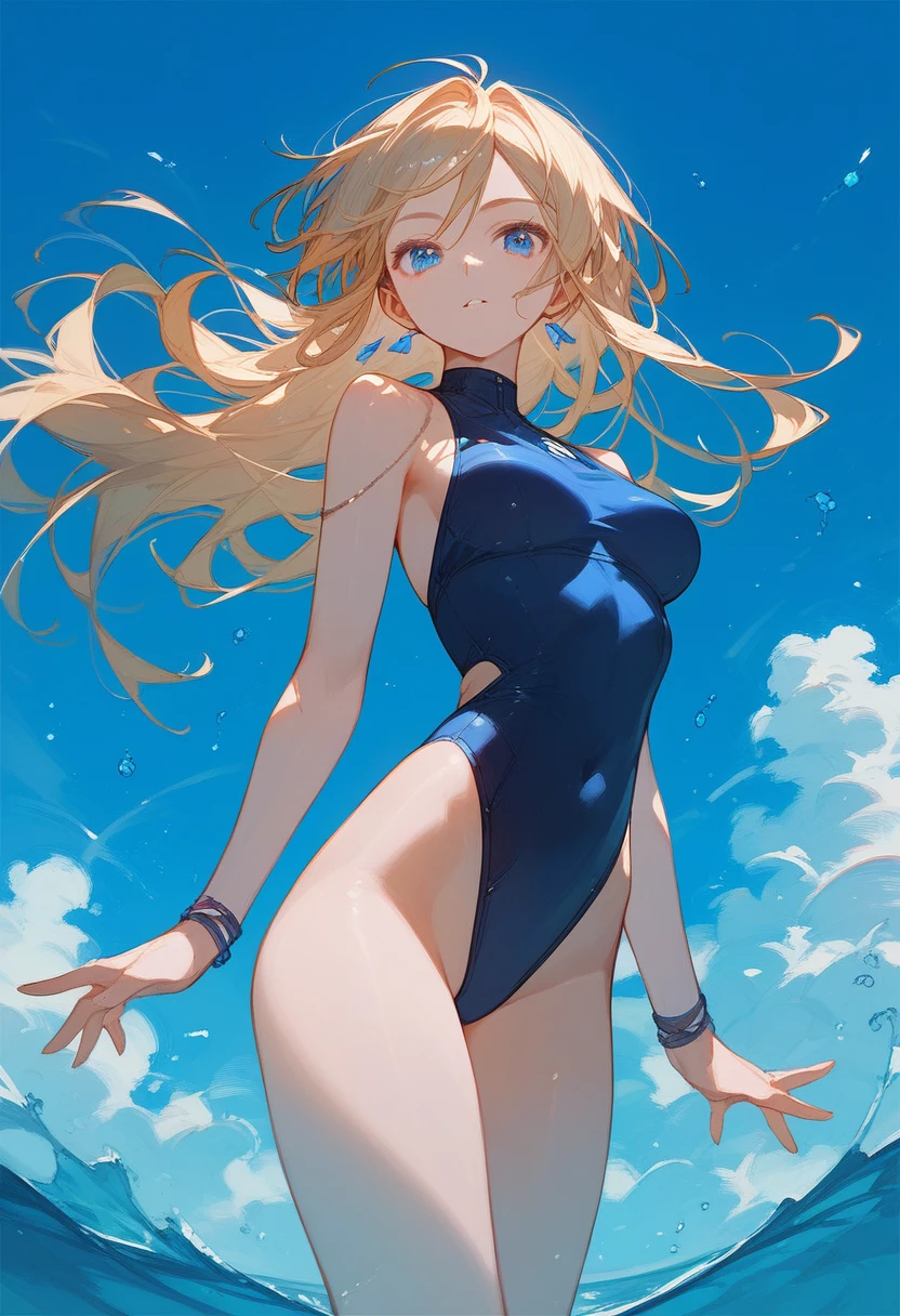 Kizi, dark blue swimsuit, blond, blue colored eyes, hyperrealisti, work of art