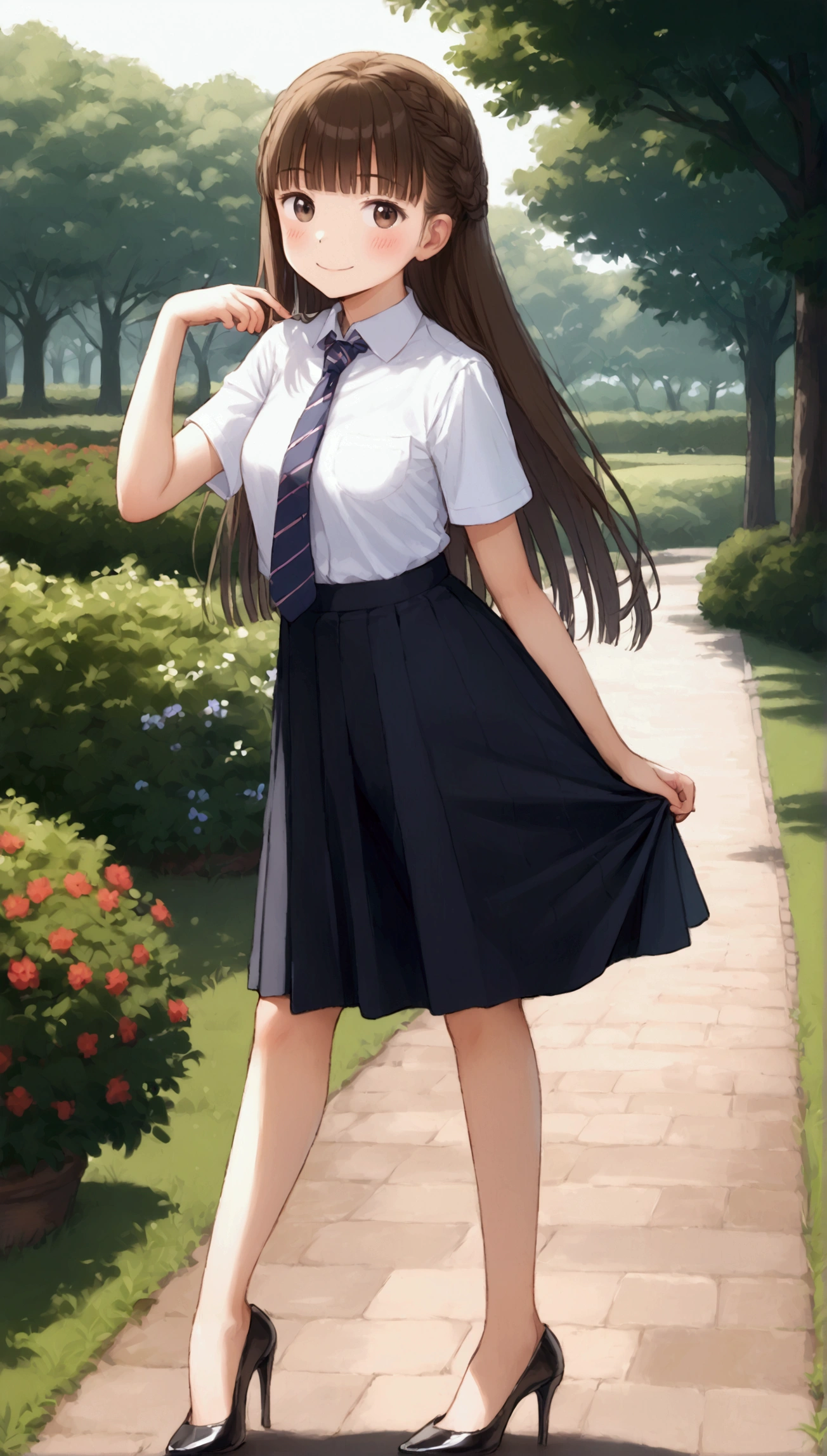 {Highest quality}, {Super beautiful},{Ultra fine},{Best illustration},Brown Hair,Hime cut,long hair,Braid,One woman,Standing Woman,Strike a pose,smile,smilingly,suit,White Shirt,Short sleeve,Long black skirt,at the park,Blushing,Slender,Black stiletto heels,barefoot,Stand with your legs together,from the front,