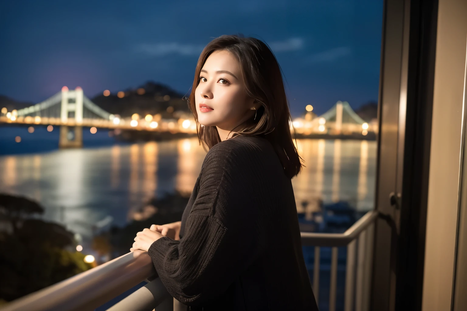 A beautiful mature woman looking at the night view of Tech Town on San Francisco Bay from the window of a high-rise apartment、