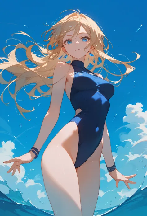 Kizi, dark blue swimsuit, blond, blue colored eyes, hyperrealisti, work of art