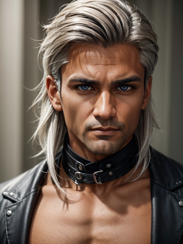 (best quality), 1boy, mature man, tanned skin, silver hair, medium hair, hair loosely combed back, brown eyes, perfect eyes, muscular, handsome, cold expression, (gothic clothes), fully clothed, clean shaven face, masterpiece, anatomically correct, highres
