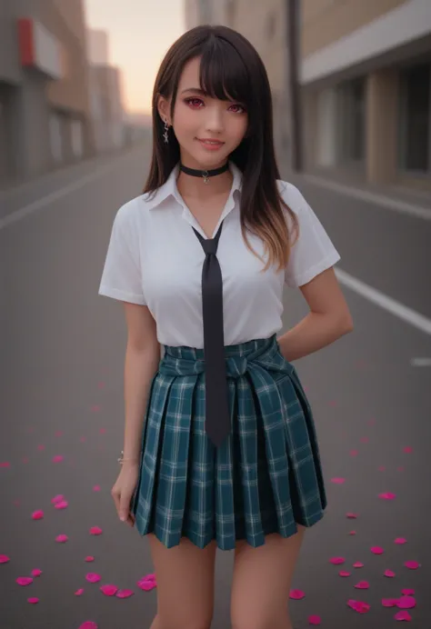 masterpiece, best quality, full body, 1girl, bangs, black choker, black necktie, black hair, blue skirt, blush, bracelet, breast...