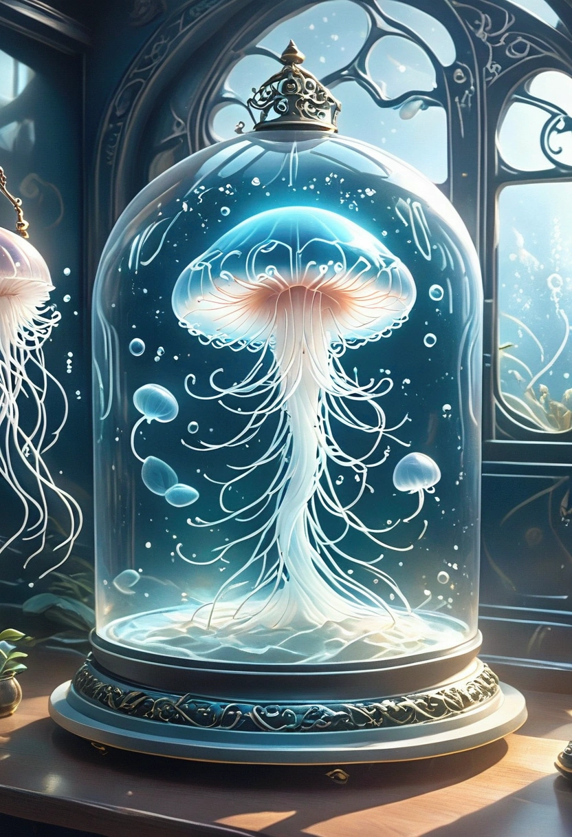 There is a jellyfish in the glass cabinet，There is a clock inside, Victorian Era，jellyfish elements, Art Nouveau Octane Rendering, Cyberpunk Jellyfish, Jellyfish Temple, author：Alexander Giemsky, jellyfish elements, 8k high detail concept art, Rudolf Berarsky, Magic Lab Setup, object concept art, Houdini visual effects, Alexander Kucharsky