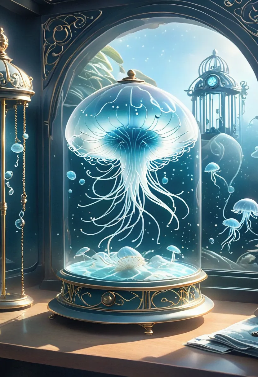 there is a jellyfish in the glass cabinet，there is a clock inside, victorian era，jellyfish elements, art nouveau octane renderin...