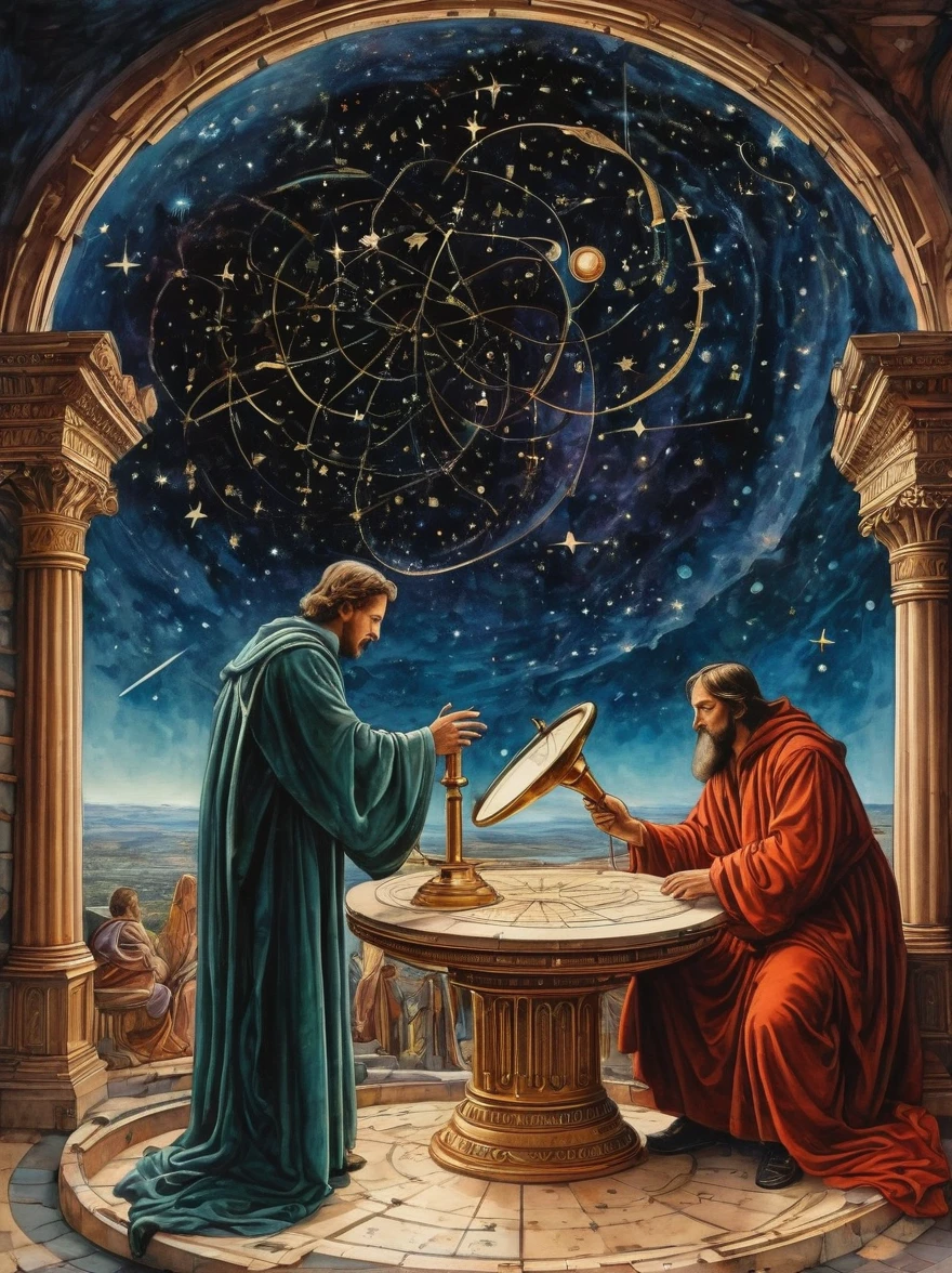 At the center of a celestial observatory, an astrologer clad in robes adorned with stars and galaxies gazes into an aetheric telescope. The observatory is suspended in space, with planets and constellations visible through its transparent walls. As the astrologer maps the heavens, streams of aetheric energy flow from the stars, connecting with the runes and symbols inscribed on the floor. The scene embodies the infinite wisdom of the cosmos. , the scene is captured in dimly lit dark fantasy but vibrant colors, with bold ink lines defining form against the watercolor wash of the aged paper