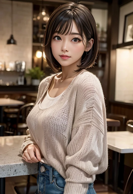 (((Cafe:1.3, indoor, Photographed from the front))), ((medium bob:1.3, pink knit, japanese woman, cute,paisura)), (clean, natural makeup), (highest quality, masterpiece:1.3, 超High resolution), (Super detailed, caustics), (realistic:1.4, RAW shooting), very detailed, High resolution, 16K resolution
