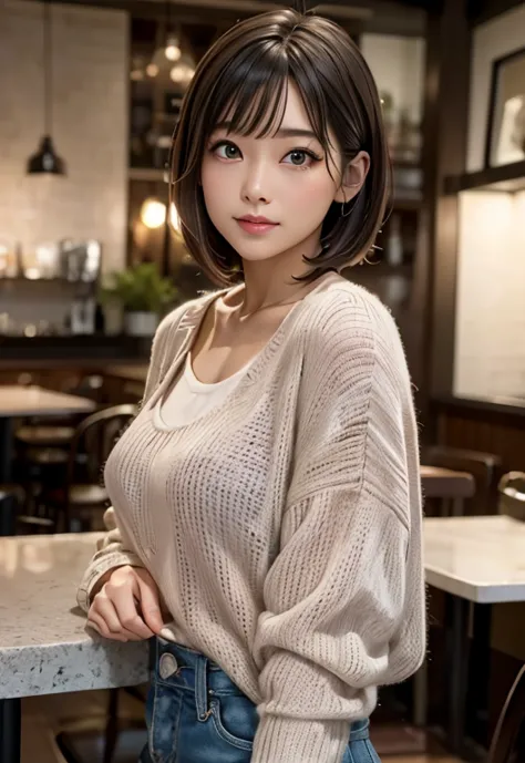 (((cafe:1.3, indoor, photographed from the front))), ((medium bob:1.3, pink knit, japanese woman, cute,paisura)), (clean, natura...