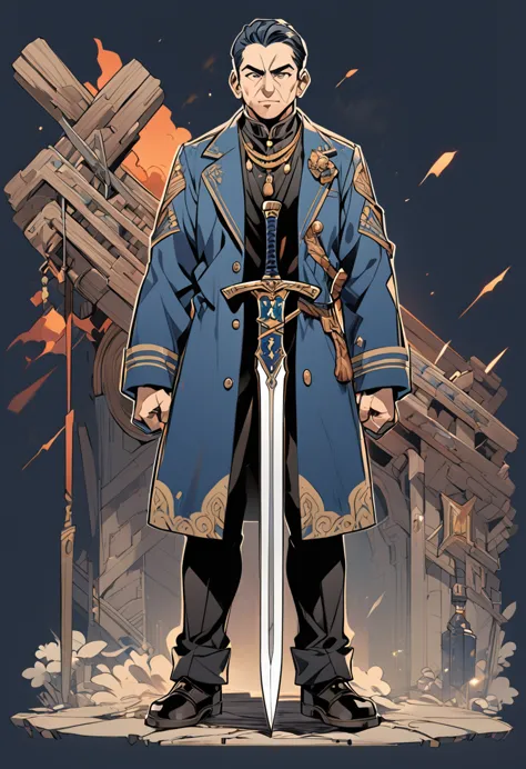 a cartoon image of a man in a blue coat holding a sword full body with detail