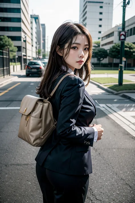 aiki enami on her way to school, medium brown hair, big tits, big ass, japanese beauty, business suit