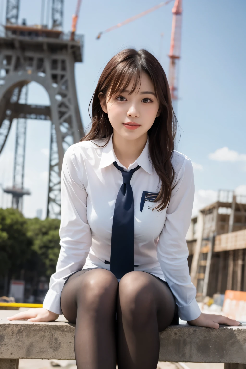 masterpiece, Bokeh, (Beautiful Face), (Detailed face), (Perfect hands), (Japanese Idols:1.6), (school uniform:1.3), (Ultra-realistic pantyhose:1.3), (Sit at the top of the tower:1.3),( Large bridge construction site:1.3), (Blushed:1.3), Working boots, (From below:1.5), Beautiful mature woman、